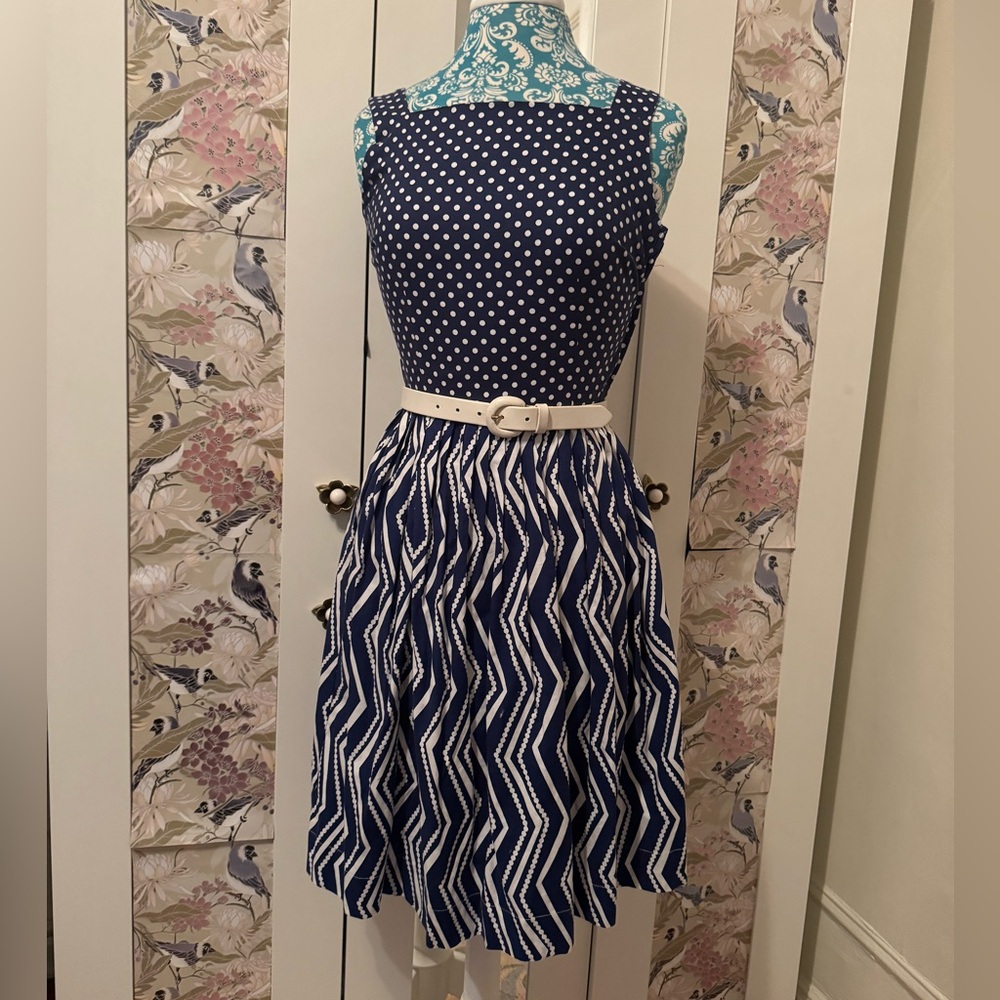 Bea & Dot Modcloth Navy & White Polkadot Fita and Flare Dress